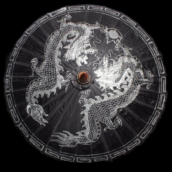 Other - Vintage Chinese Black Paper Parasol With Silver Dragon Design